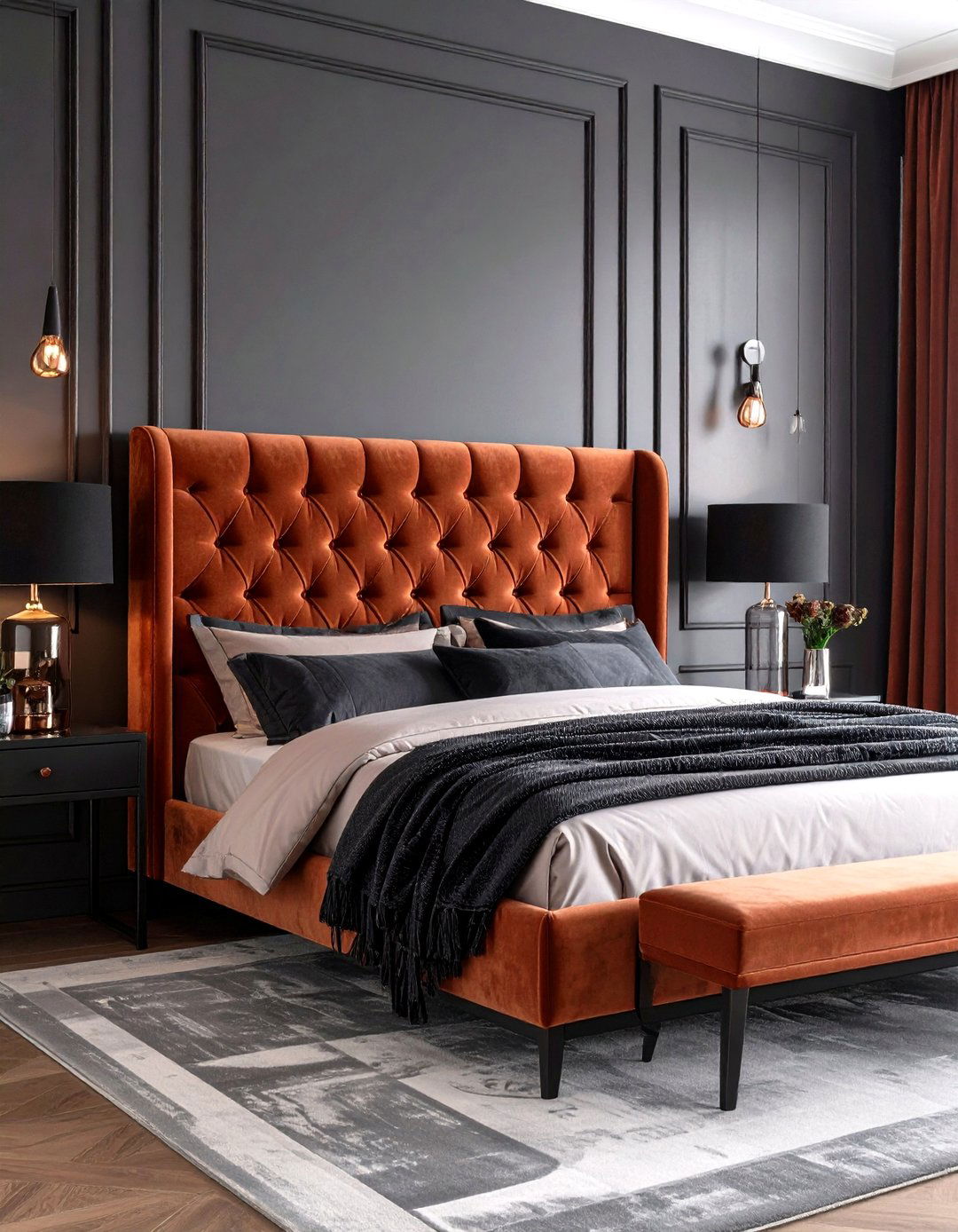 Rust Velvet Headboard with Black Accents - 24 Rust Bedroom Ideas