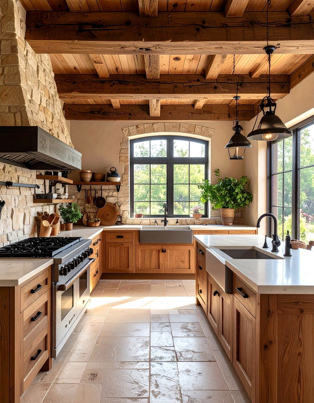 Rustic Beige Stone and Black Iron Kitchen