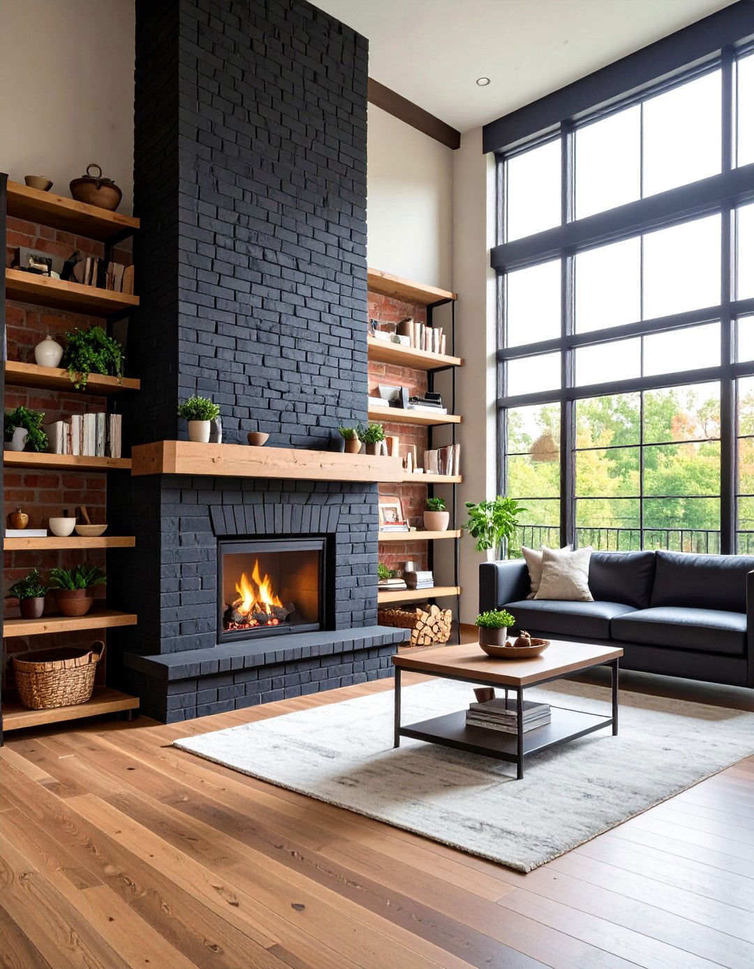 Rustic Black Brick Floor to Ceiling Fireplace - 24 Black Fireplace Ideas