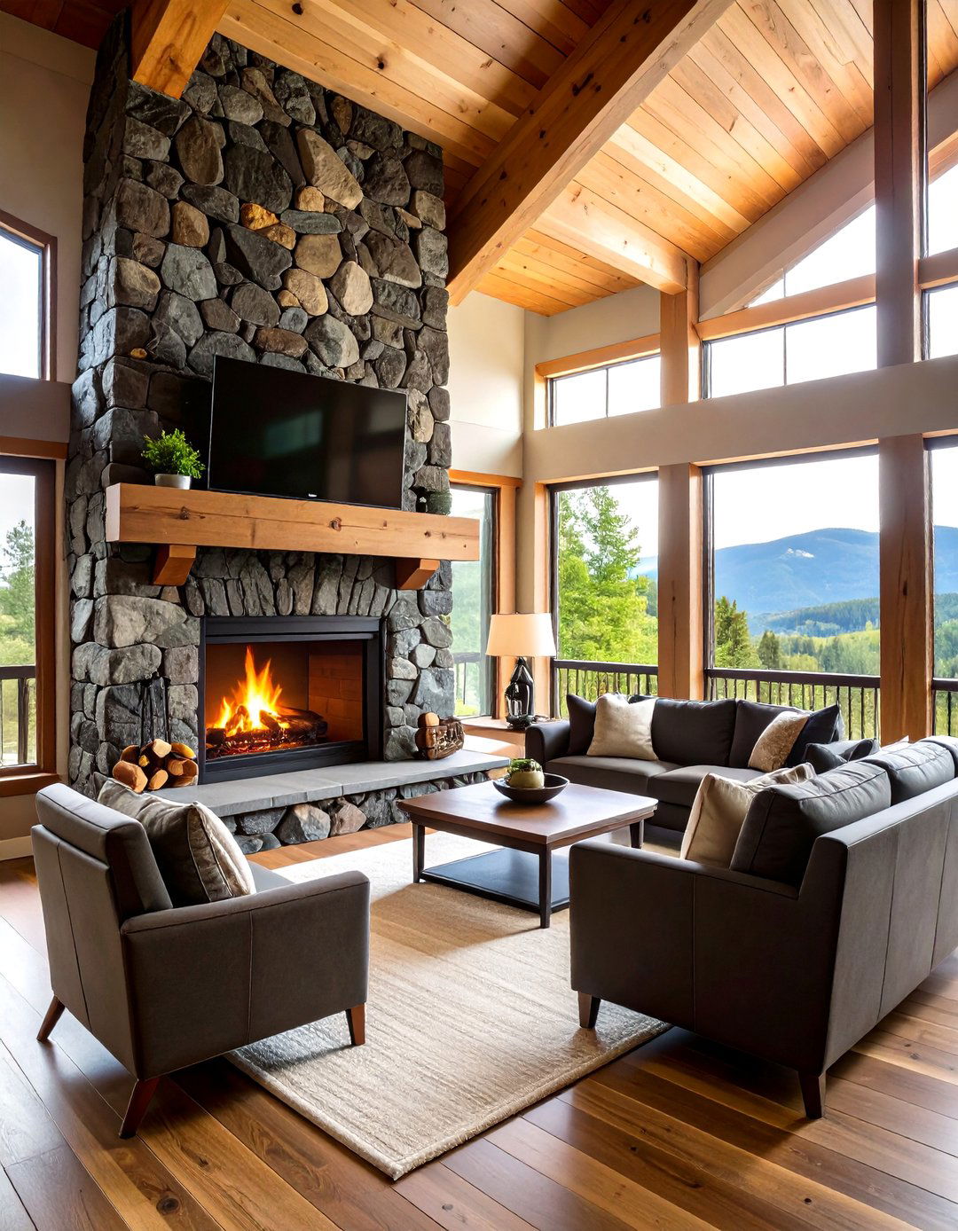Rustic Black Fieldstone Cabin Fireplace - 24 Black Stone Fireplace Ideas