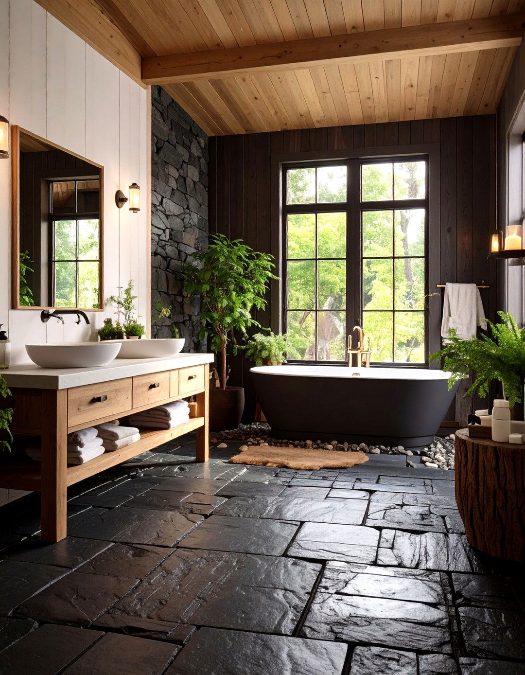 Rustic Black Natural Stone Floor with White Painted Planked Walls - 24 Black Floor Bathroom With White Walls Ideas