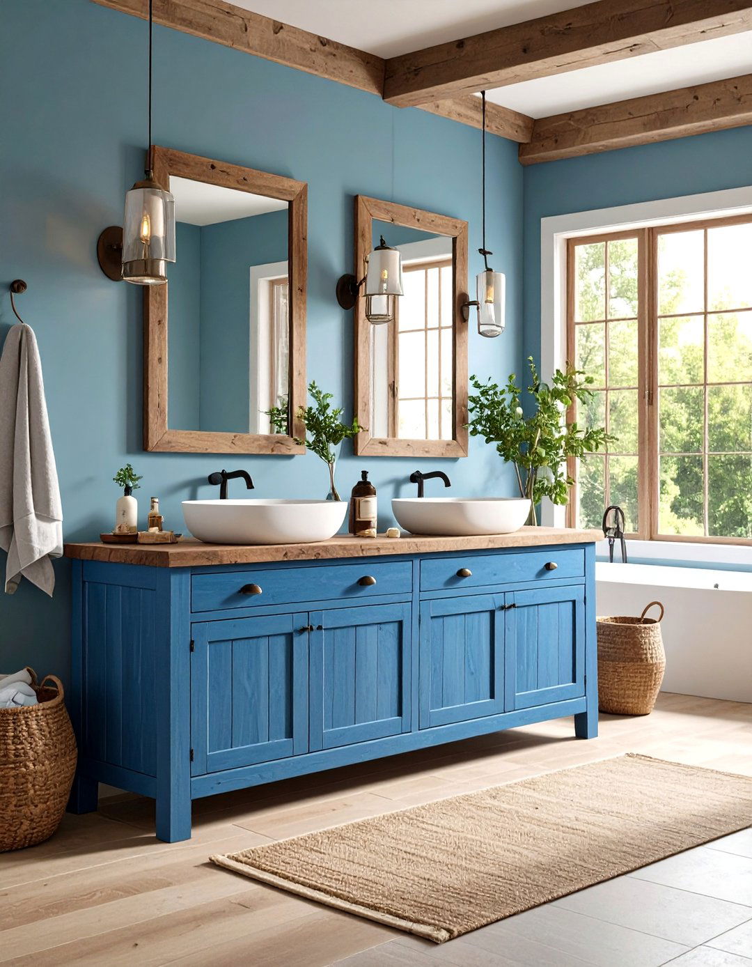 Rustic Blue Vanities with Natural Wood - 24 Blue Bathroom Vanity Ideas
