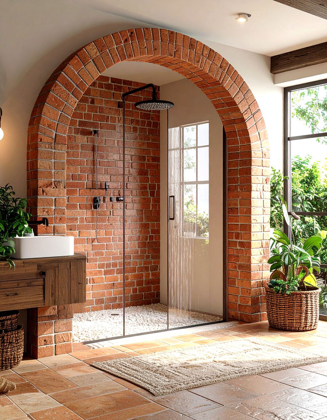 Rustic Brick Archway Entrance - 24 Rustic Walk-in Shower Ideas