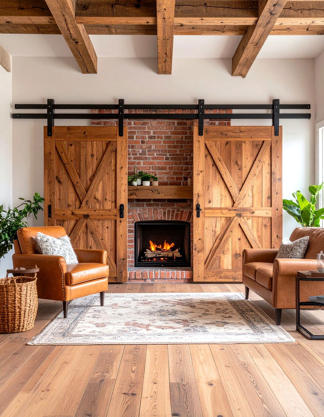 Rustic Brick Fireplace with Sliding Barn Doors - 24 Rustic Brick Fireplace Ideas