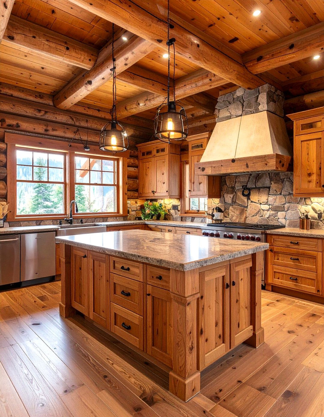 Rustic Brown Log Cabin Kitchen