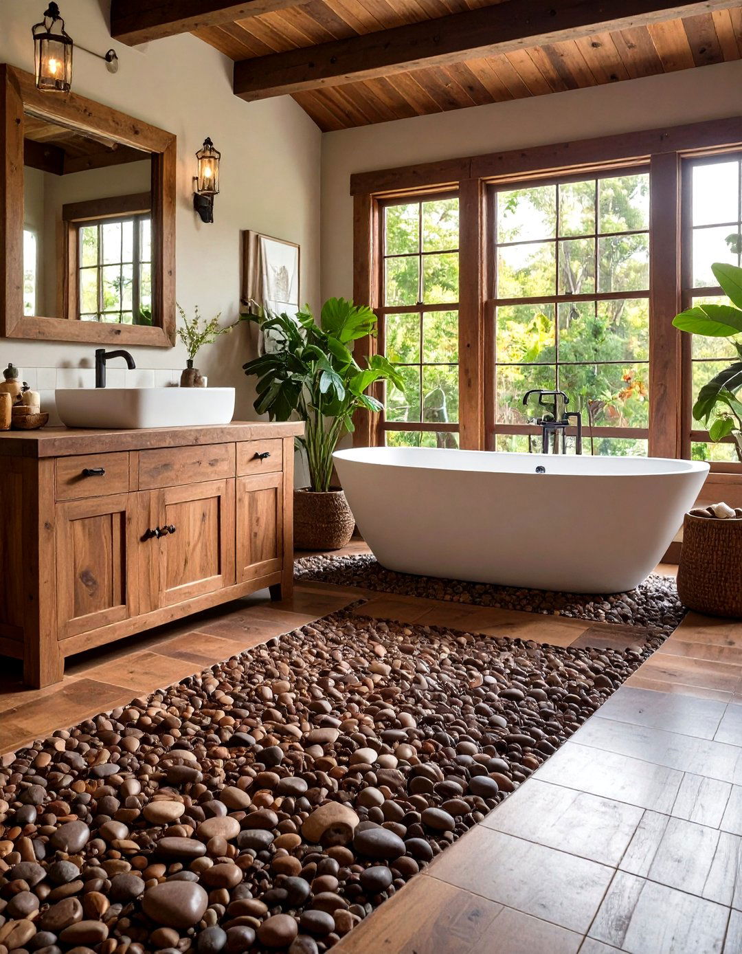 Rustic Brown Pebble Bathroom Floor - 24 Pebble Tile Bathroom Ideas
