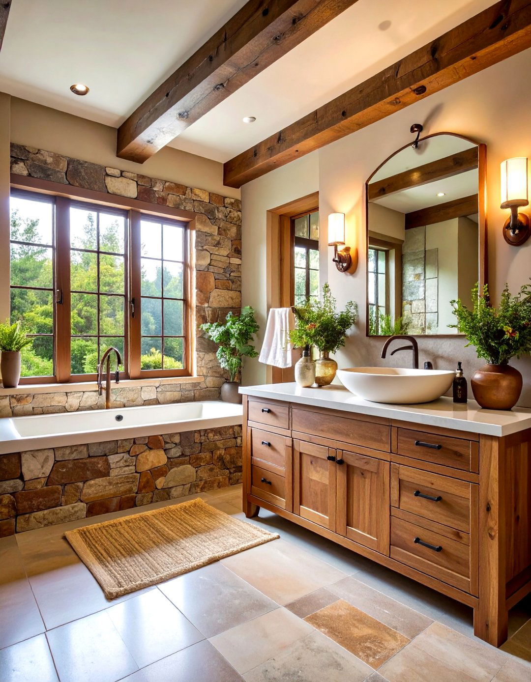 Rustic Brown Stone Features - 24 Brown Bathroom Ideas