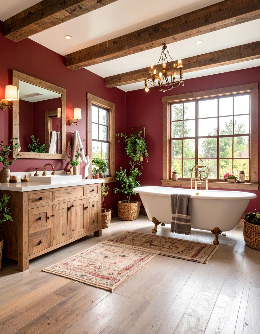Rustic Burgundy Bathroom with Wood Accents - 24 Burgundy Bathroom Ideas