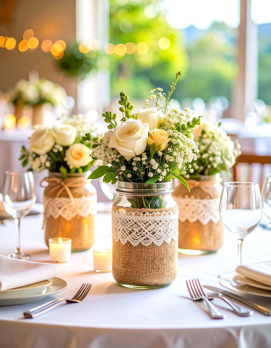 Rustic Burlap and Lace Mason Jar Centerpieces - 24 Mason Jar Wedding Centerpieces