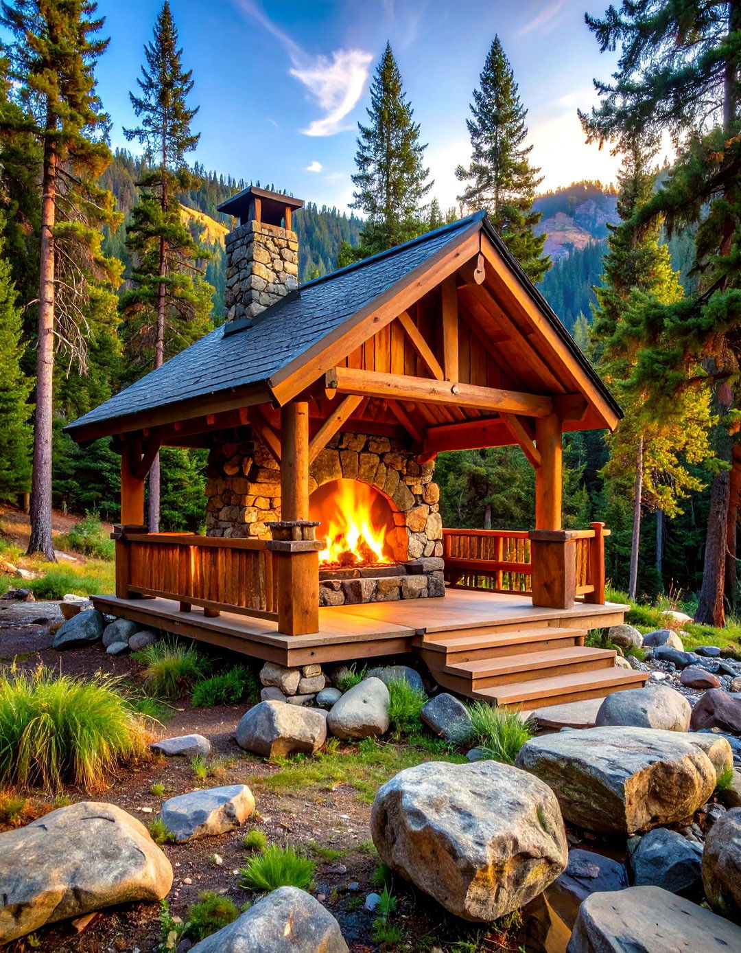Rustic Cabin Gazebo With River Rock Fireplace - 24 Gazebo With Fireplace