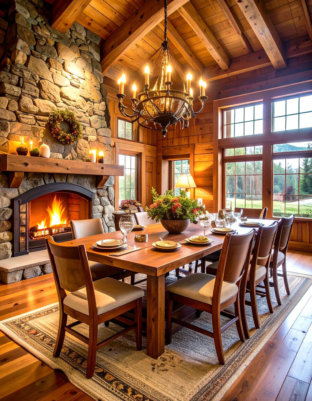 Rustic Cabin Lodge Atmosphere - 24 Dining Room With Fireplace