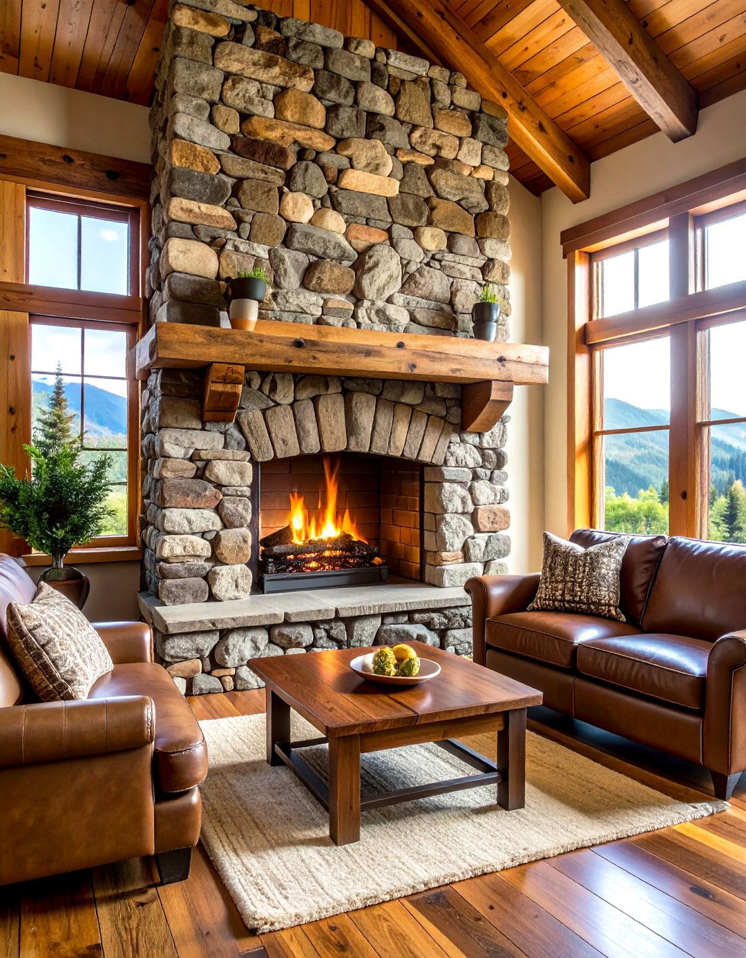 Rustic Cabin Stacked Stone with Log Mantel - 24 Stacked Stone Fireplace Ideas