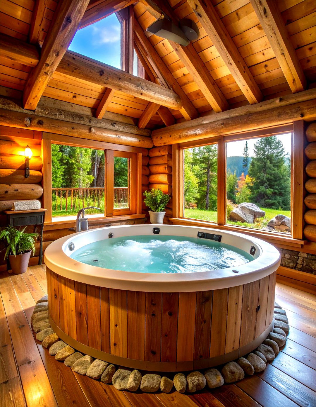 Rustic Cabin Sunken Hot Tub with Log Surrounds - 24 Sunken Hot Tub Ideas