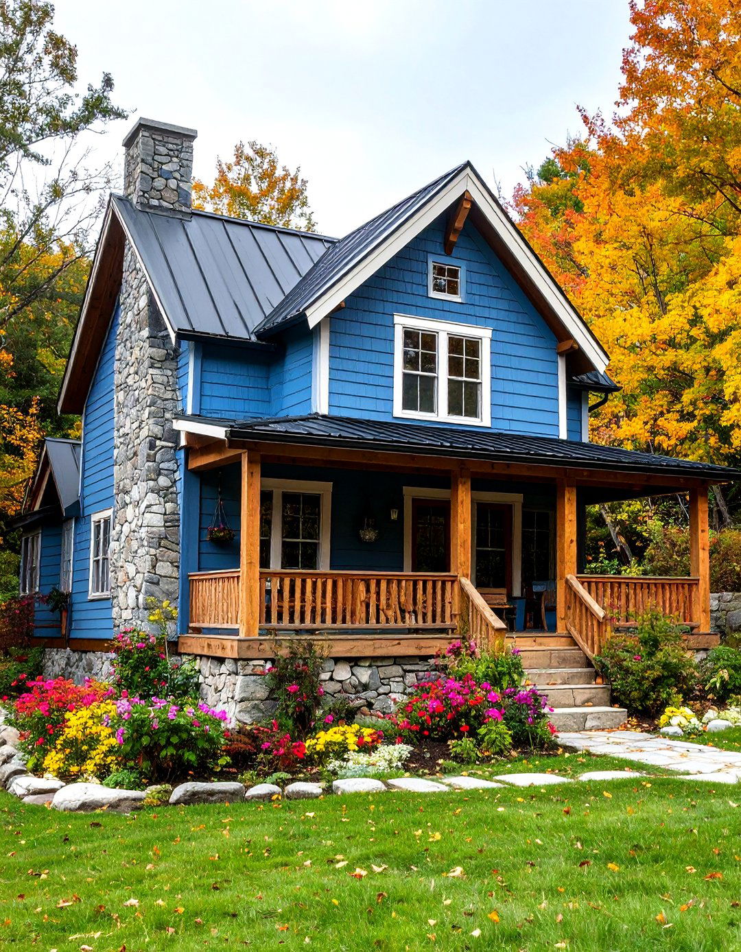 Rustic Cabin in Denim Blue with Black Metal Roof - 24 Blue House With Black Trim Ideas