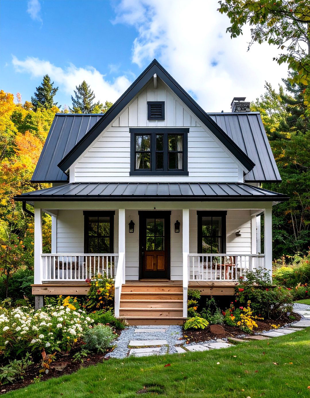 Rustic Cabin with Black Metal Accents - 24 single story white house black trim