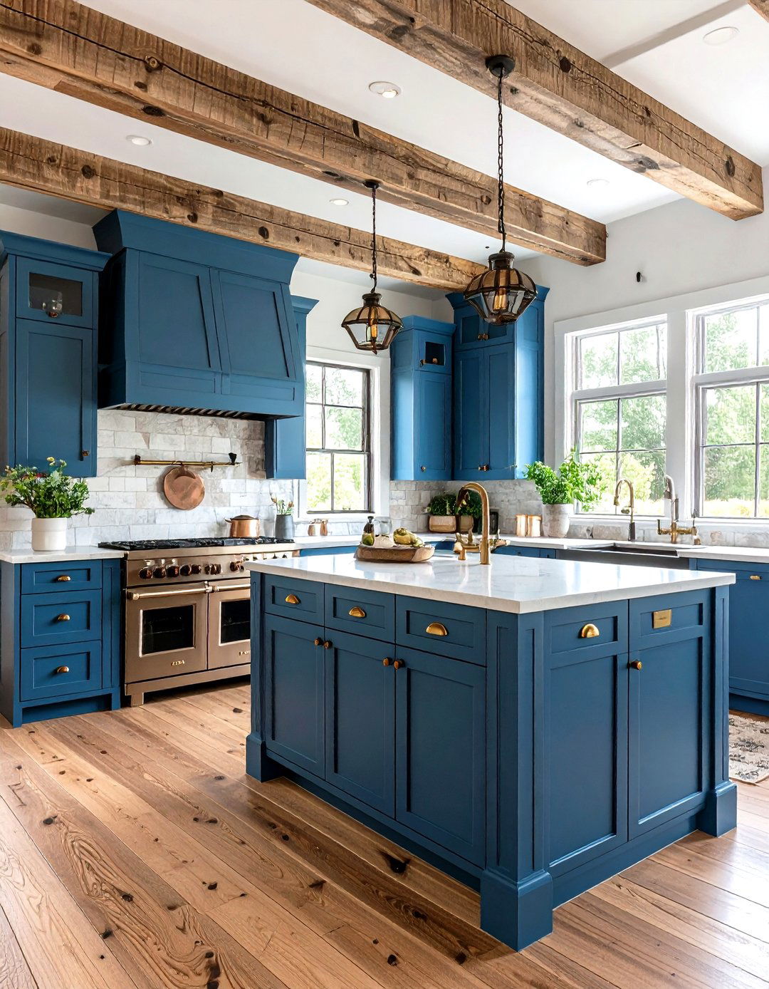 Rustic Cabin with Slate Blue Cabinets - 24 blue kitchen cabinets with gold hardware