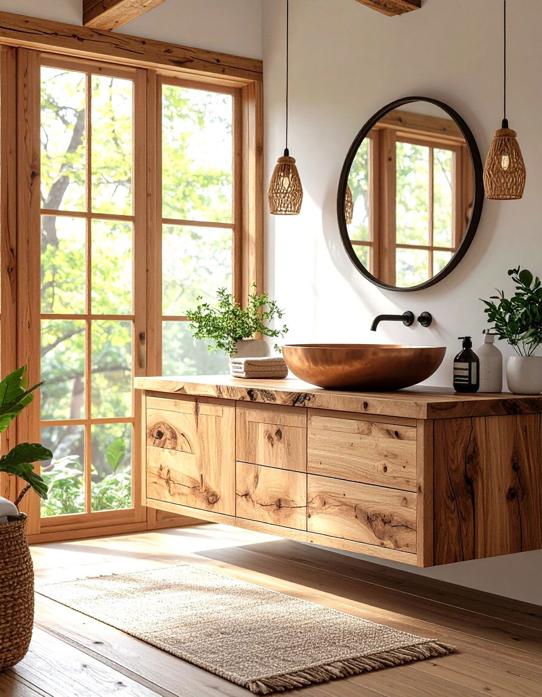Rustic Cedar Floating Vanity with Natural Branch Details - 24 Floating Vanity Bathroom Ideas