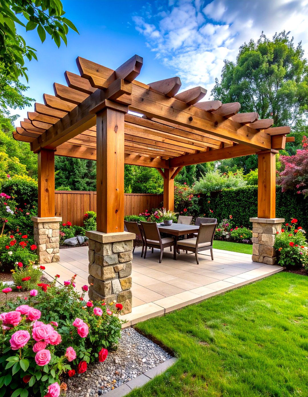 Rustic Cedar Pergola with Stone Pillars - 24 Small Patio Pergola Ideas