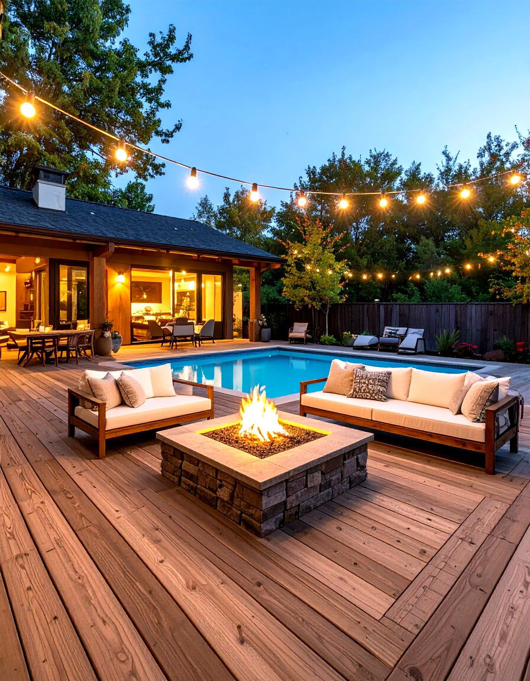 Rustic Composite Pool Deck with Central Fire Pit - 24 Pool Deck Ideas