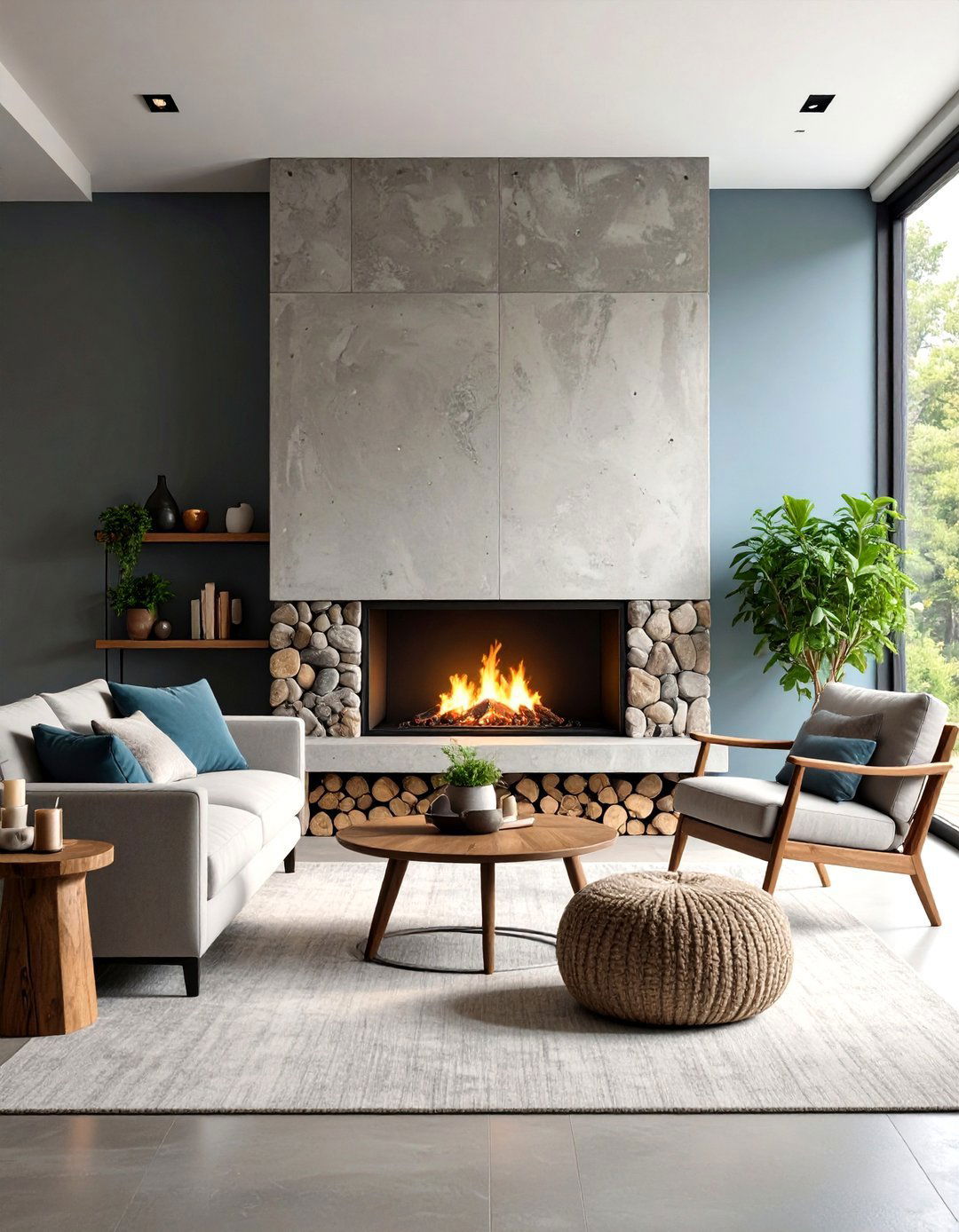 Rustic Concrete Fireplace with Natural Stone Accents - 24 Concrete Fireplace Ideas