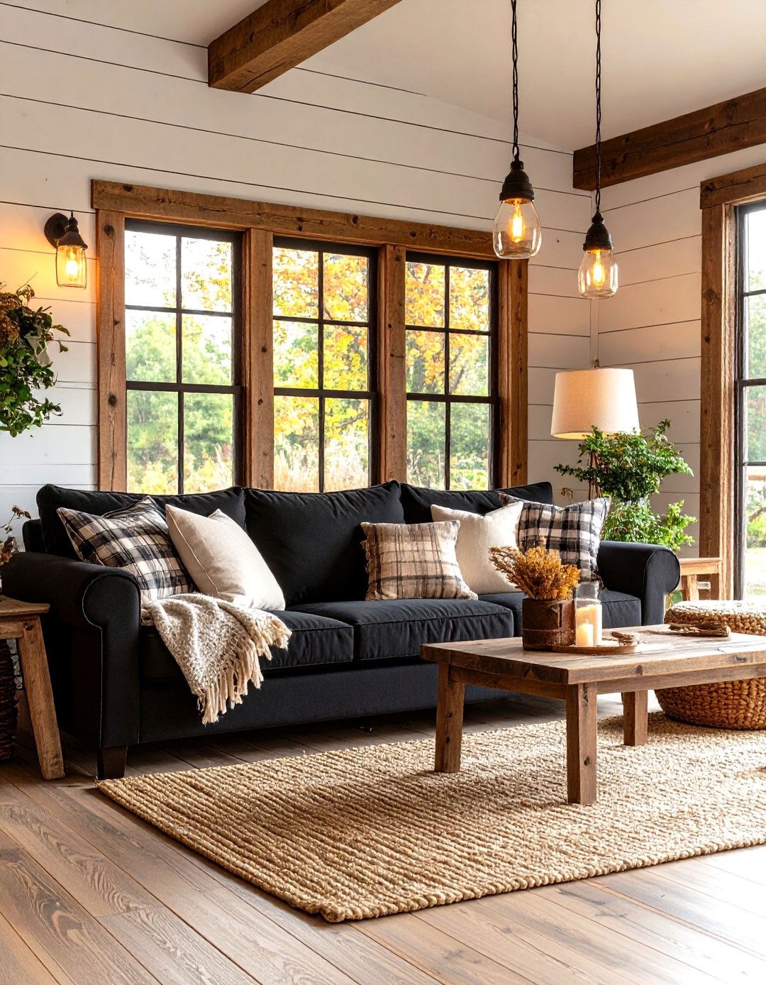 Rustic Farmhouse Comfort - 24 Living Room Ideas With Black Couches