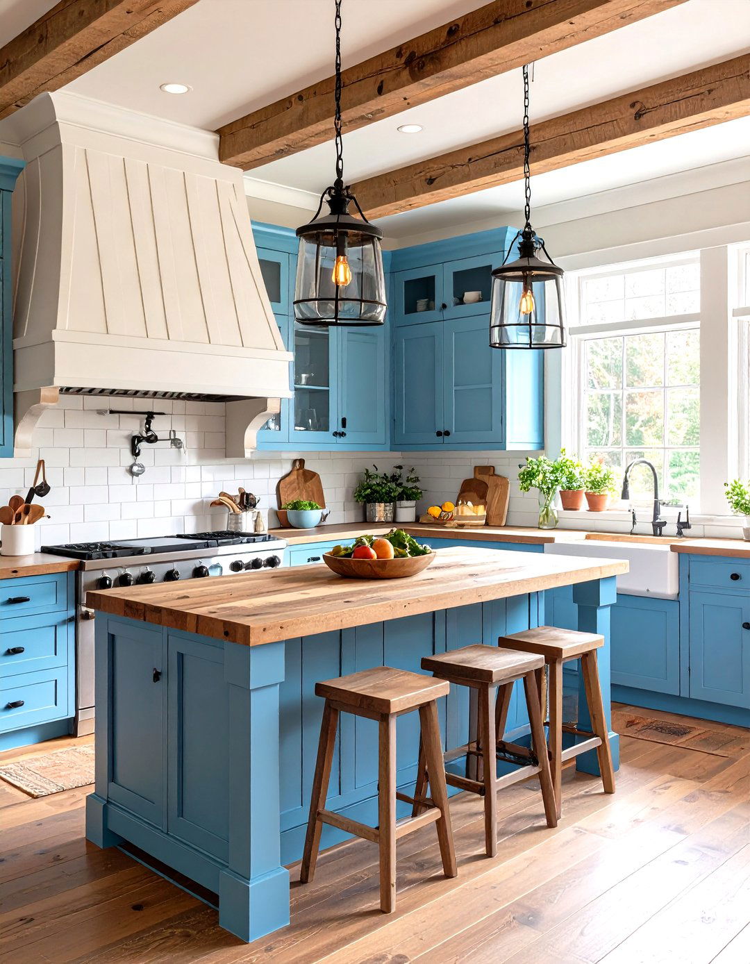 Rustic Farmhouse Distressed Blue Island - 24 White Kitchen Cabinets With Blue Island