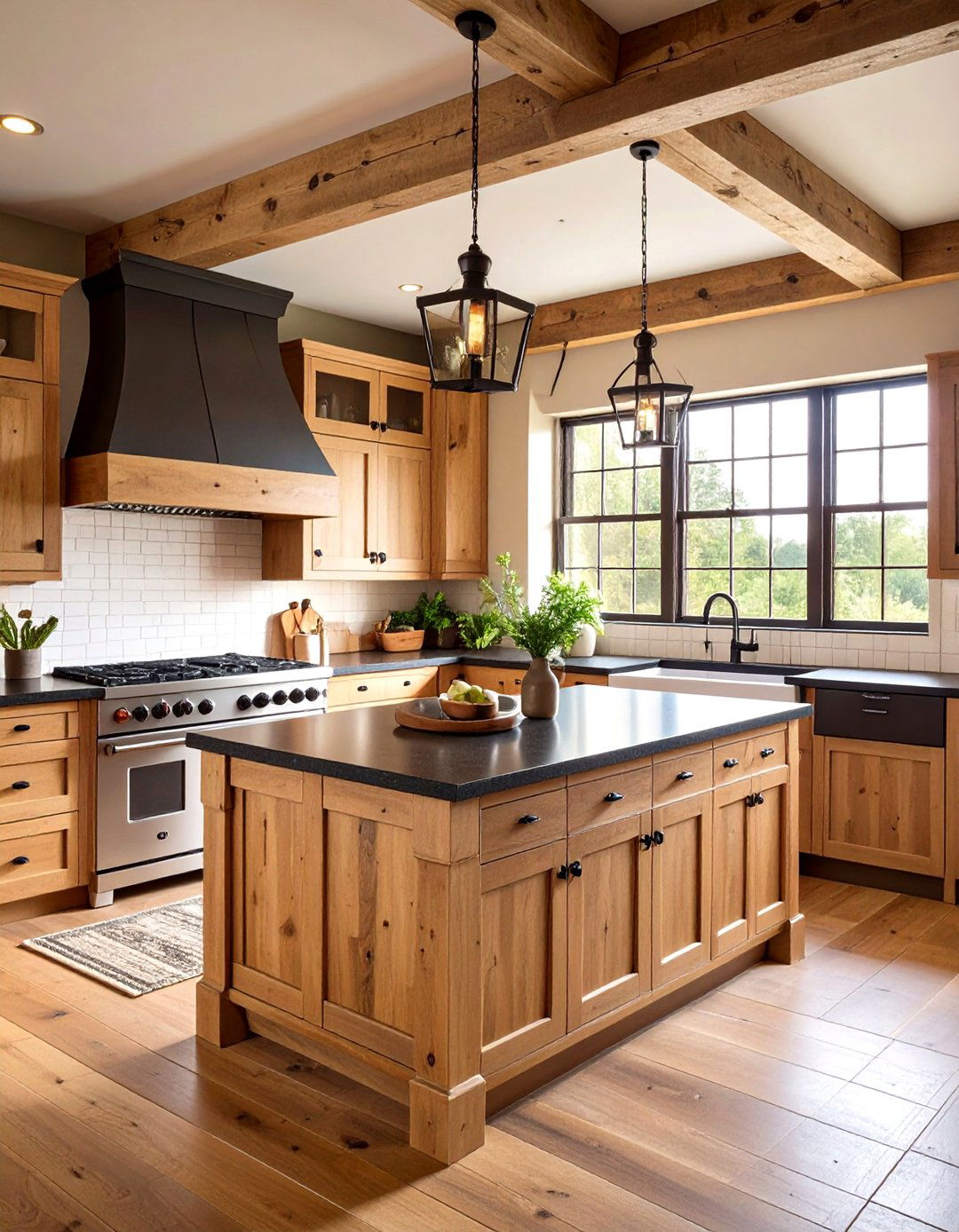 Rustic Farmhouse Kitchen with Black Granite Islands - 24 Black Granite Countertops Kitchen Ideas