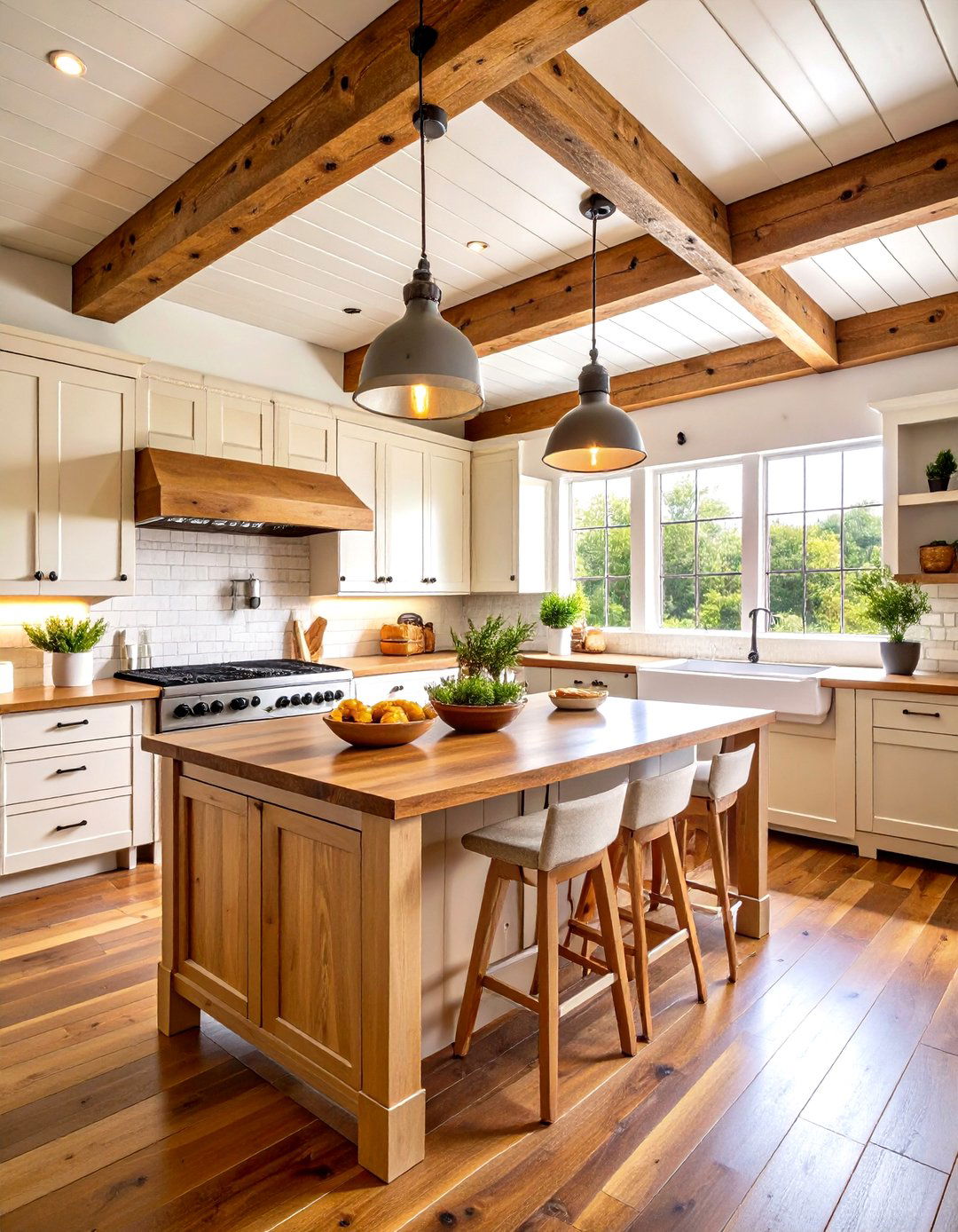 Rustic Farmhouse Kitchen with Exposed Wooden Beams - 24 Sloped Ceiling Kitchen Ideas