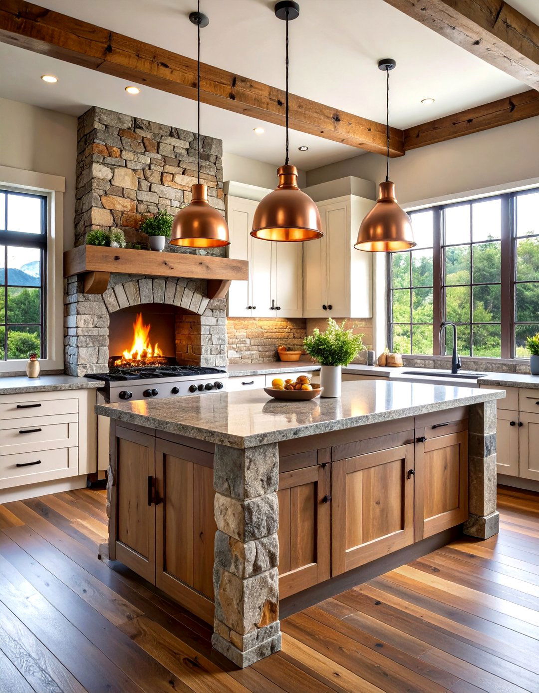 Rustic Farmhouse Kitchen with Stone Fireplace - 24 Farmhouse Kitchen Ideas