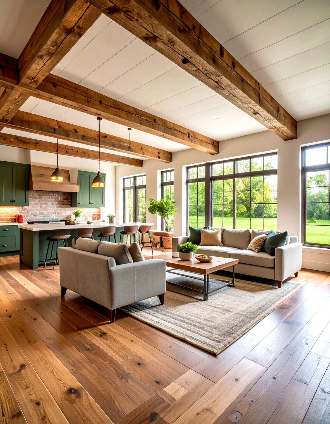 Rustic Farmhouse Open Floor Plan with Exposed Beams - 24 Open Floor Plan Ideas