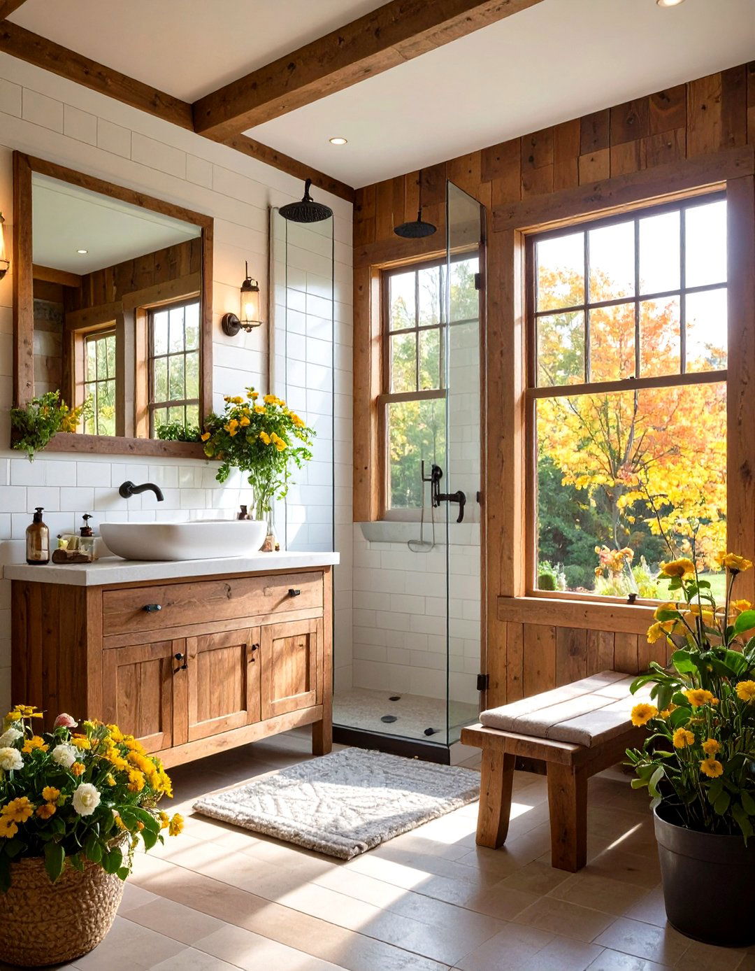 Rustic Farmhouse Walk in Shower with Reclaimed Wood Bench - 24 Walk in Shower Ideas With Bench