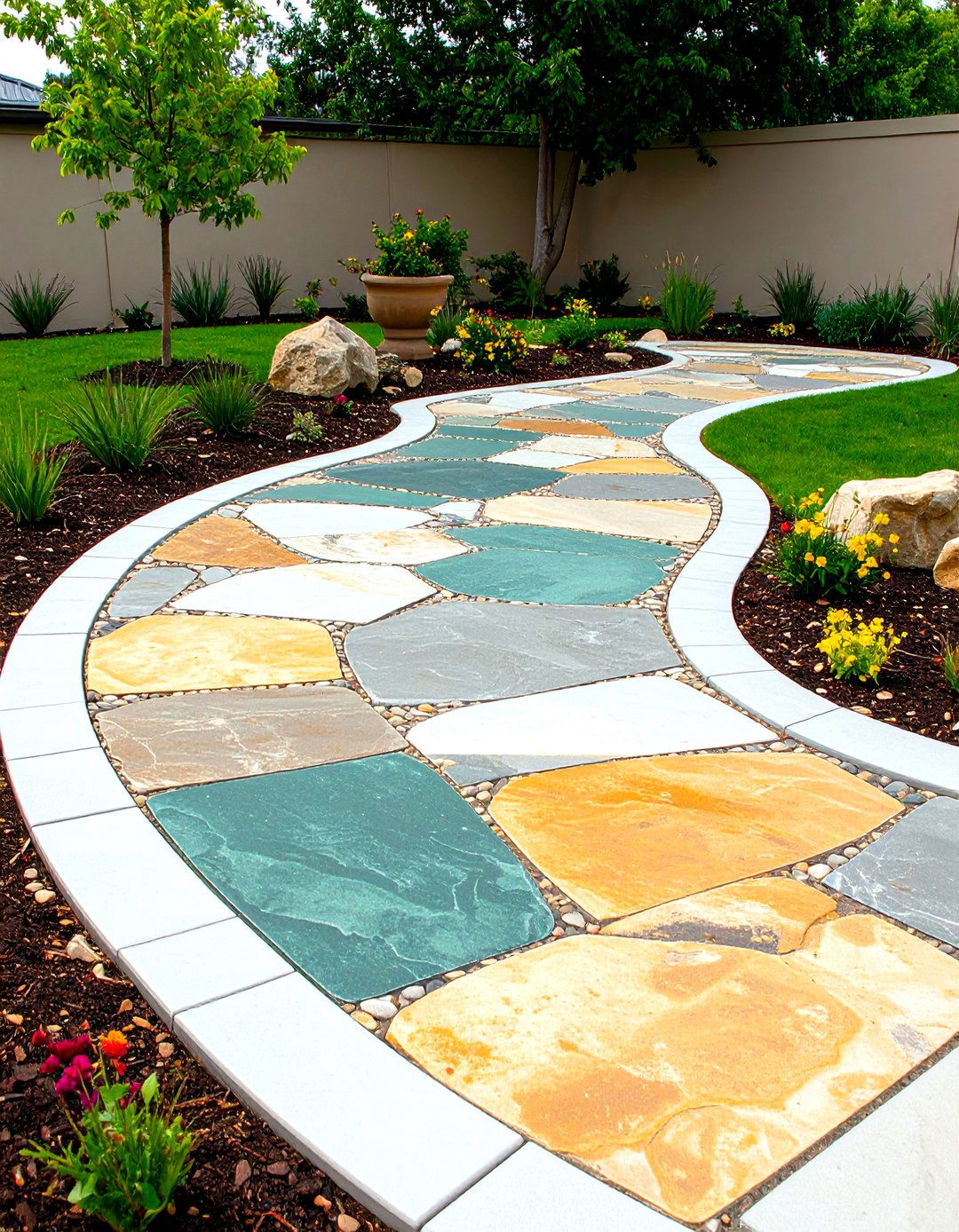 Rustic Flagstone Illusion - 24 Painted Concrete Patio Ideas