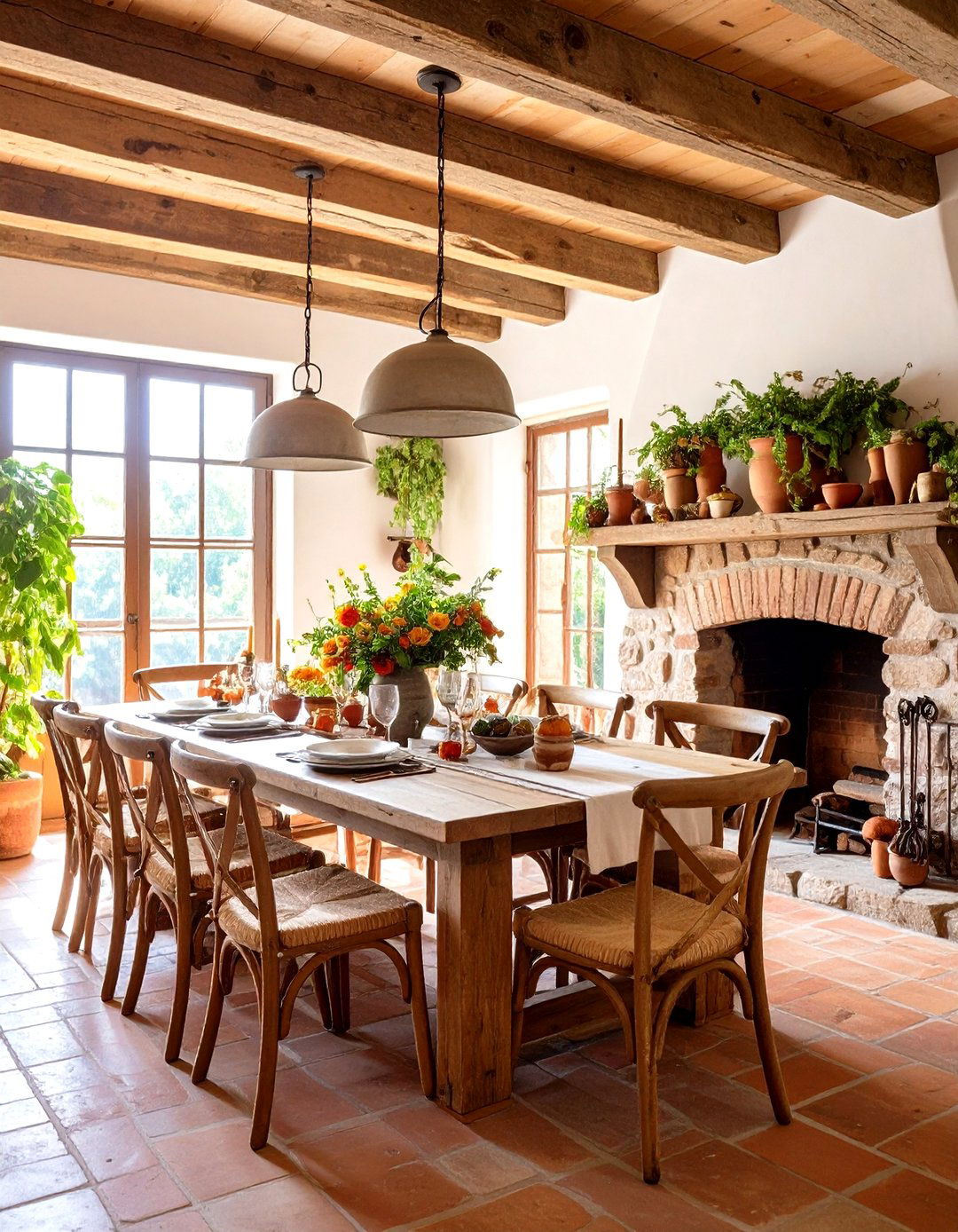 Rustic French Country Dining Room with Exposed Wooden Ceiling Beams - 24 French Country Dining Room Ideas