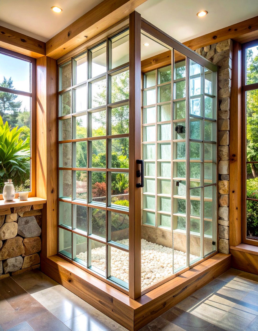 Rustic Glass Block Windows - 24 Rustic Walk-in Shower Ideas