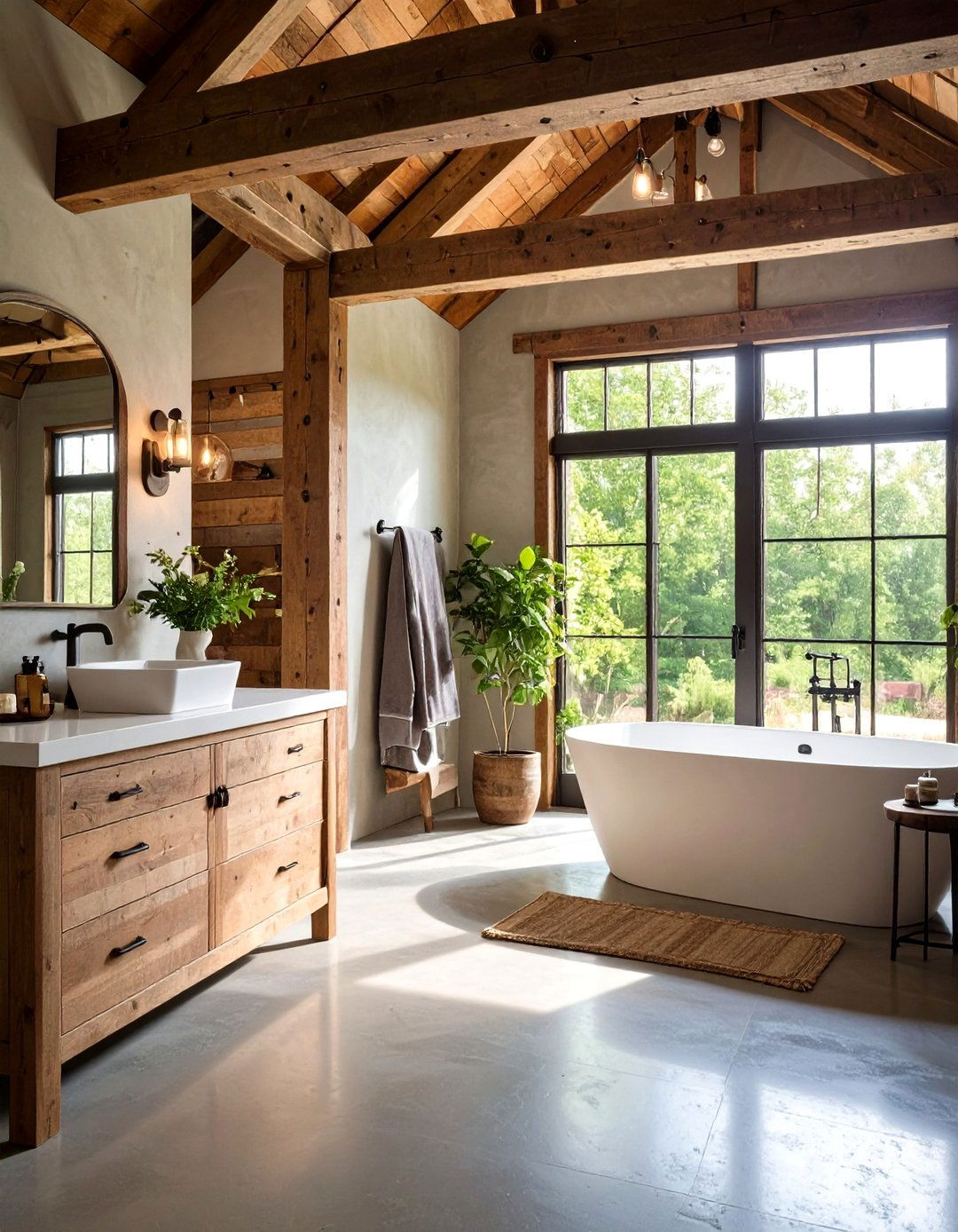 Rustic Industrial Barndominium Bathroom with Concrete Floors - 24 Barndominium Bathroom Ideas