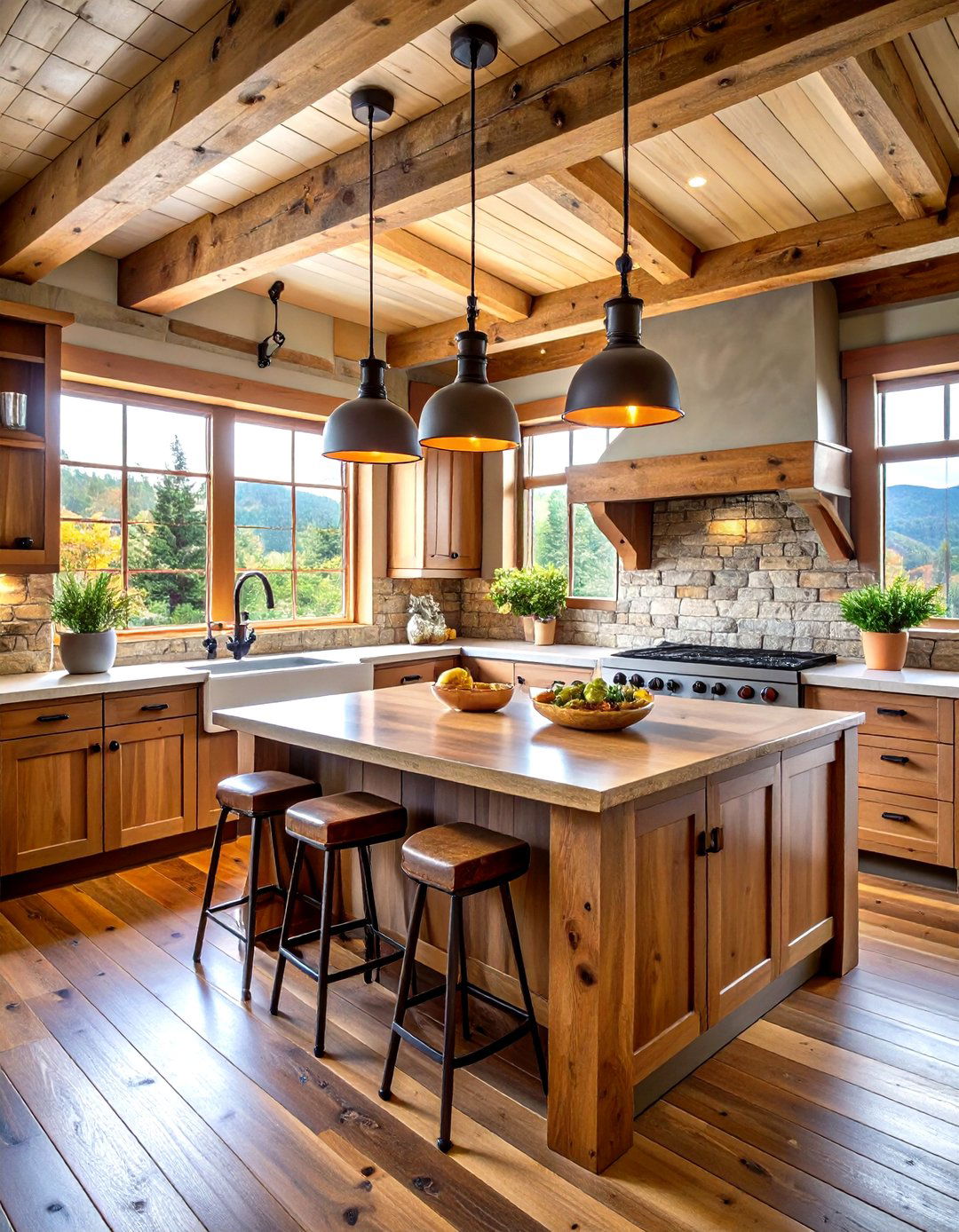 Rustic Kitchen with Hickory Butcher Block and Stone Accents - 24 Kitchens With Butcher Block Countertops