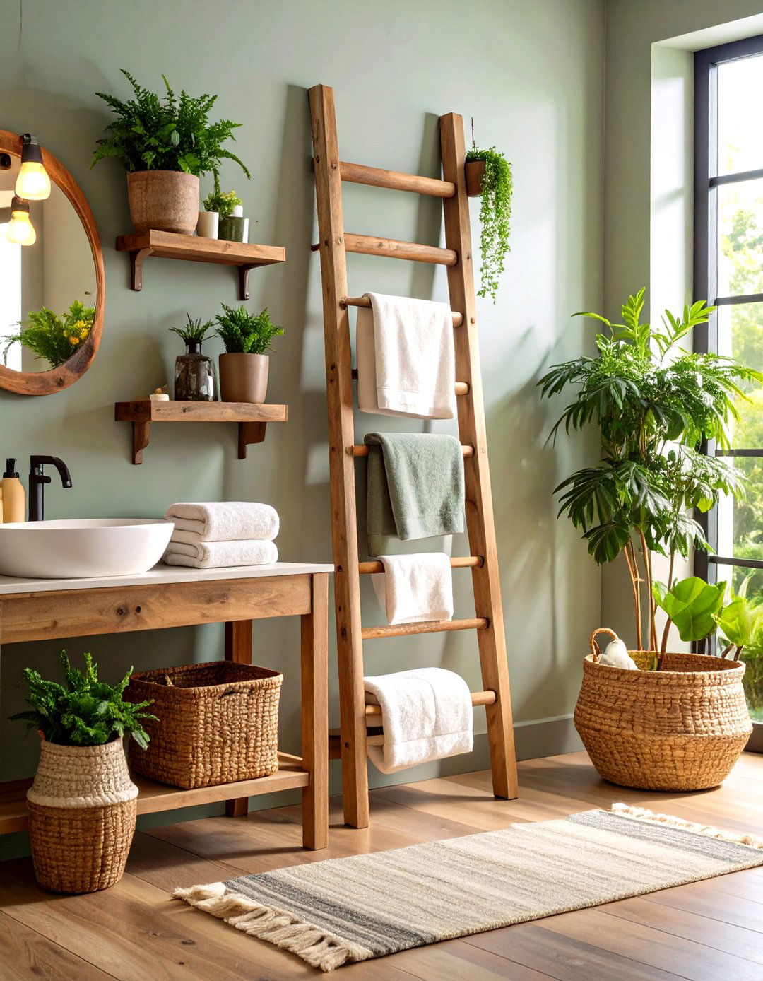 Rustic Ladder Towel Storage - 24 Farmhouse Bathroom Ideas
