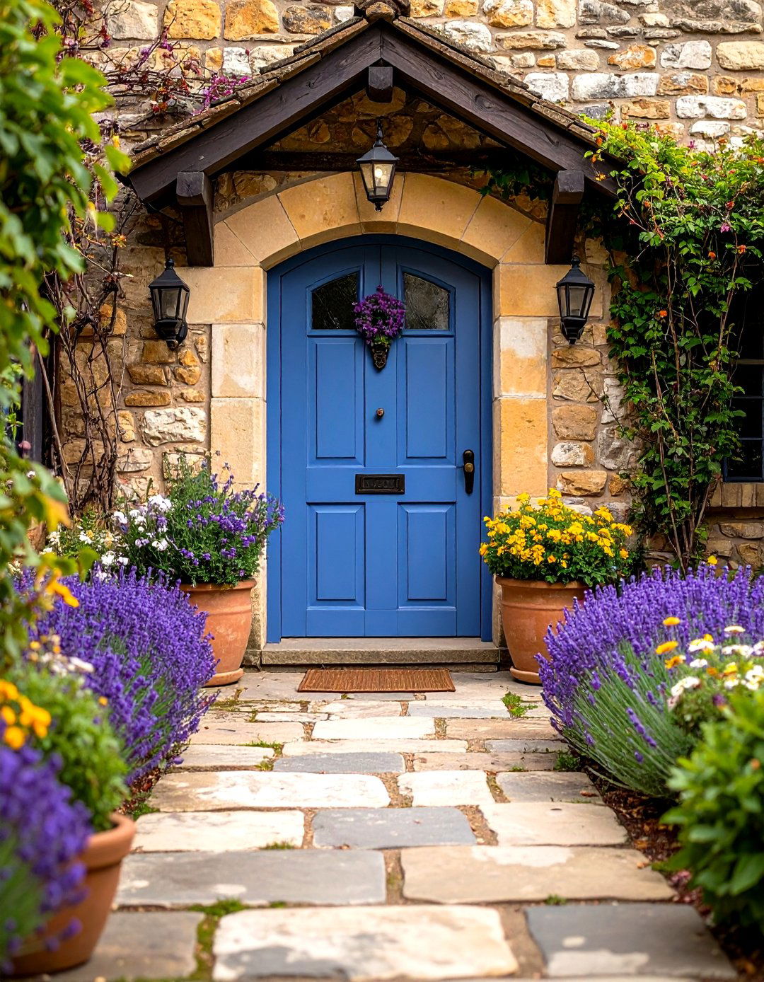Rustic Lavender Door with Stone Pathway - 24 Lavender Front Door Ideas