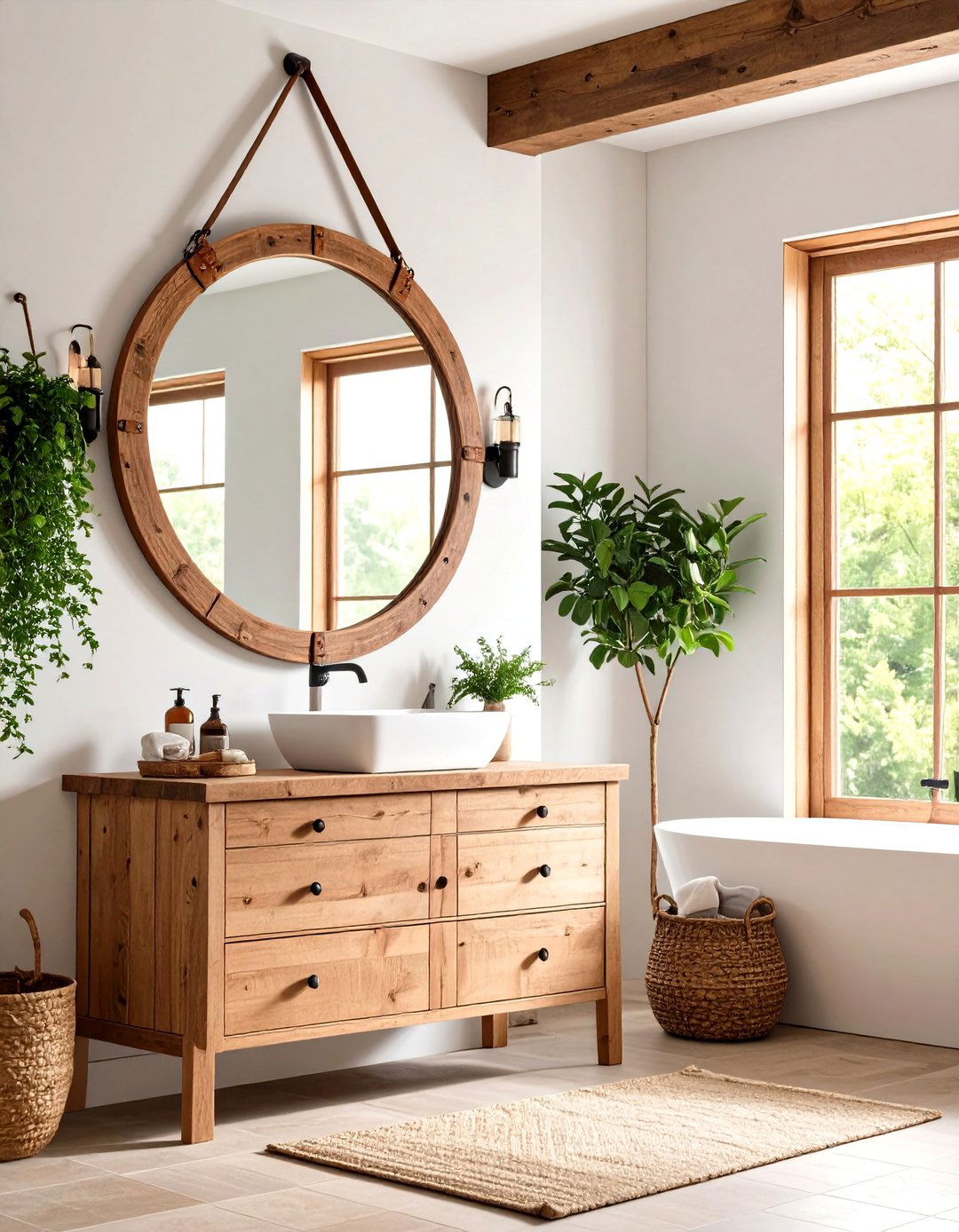 Rustic Leather Strap Hanging Mirrors - 24 Farmhouse Bathroom Mirrors Ideas