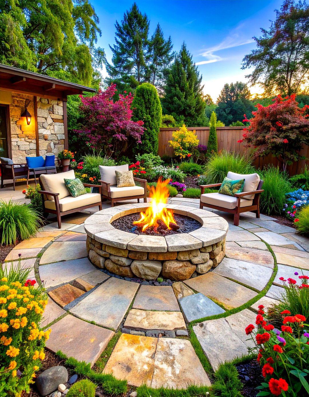 Rustic Limestone Patio with Fieldstone Fire Ring - 24 Stone Patio With a Fire Pit Ideas