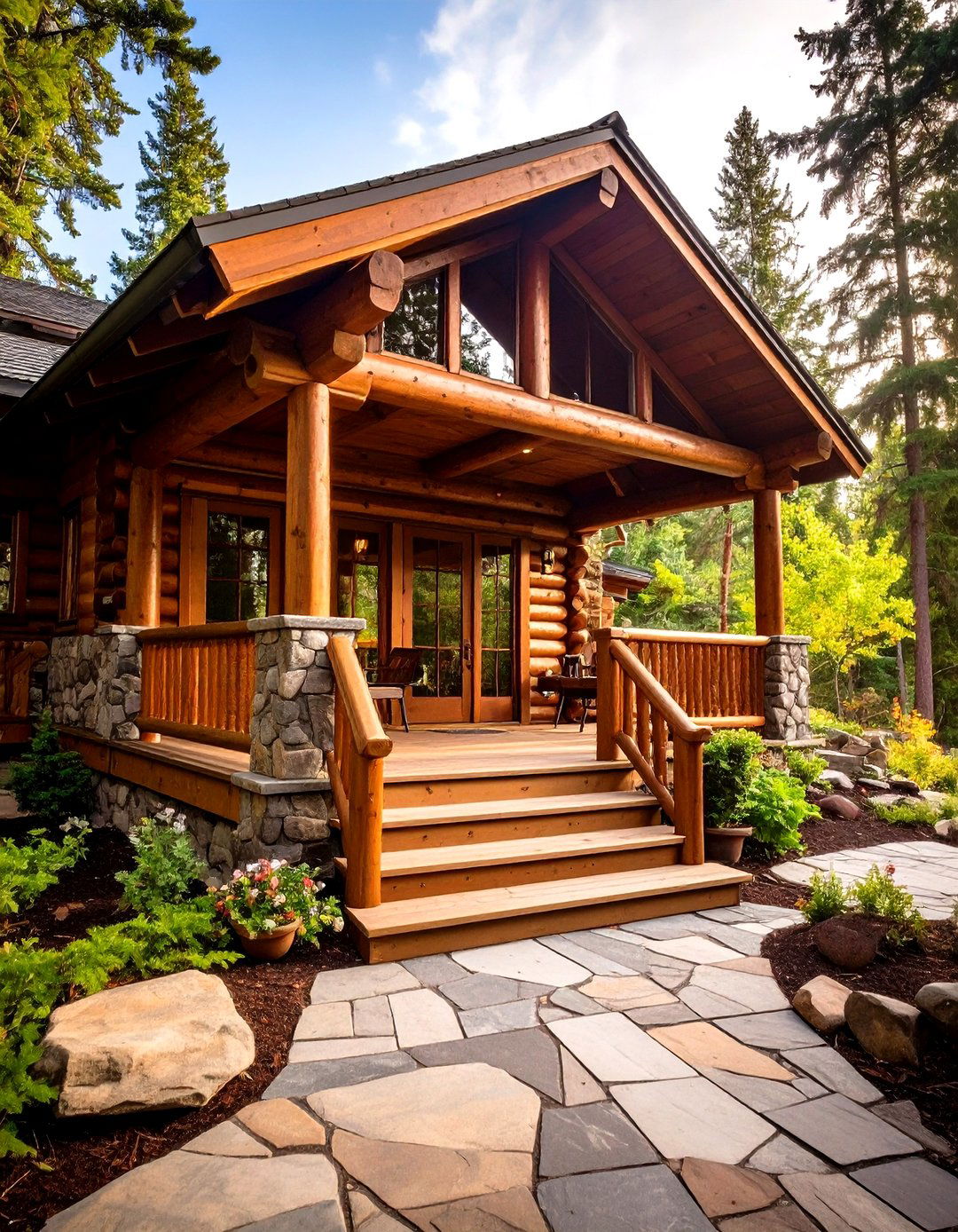 Rustic Lodge Hewn Timber Construction - 24 Open Gable Porch Ideas