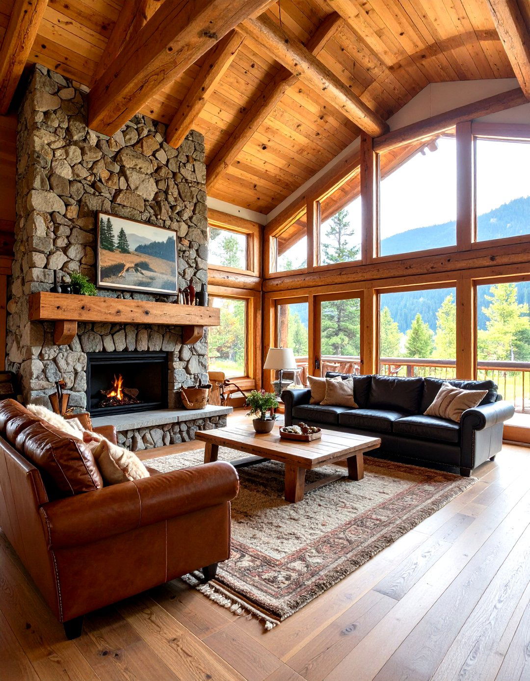 Rustic Lodge Living Room with Log Beam Construction - 24 Exposed Beam Living Room Ideas