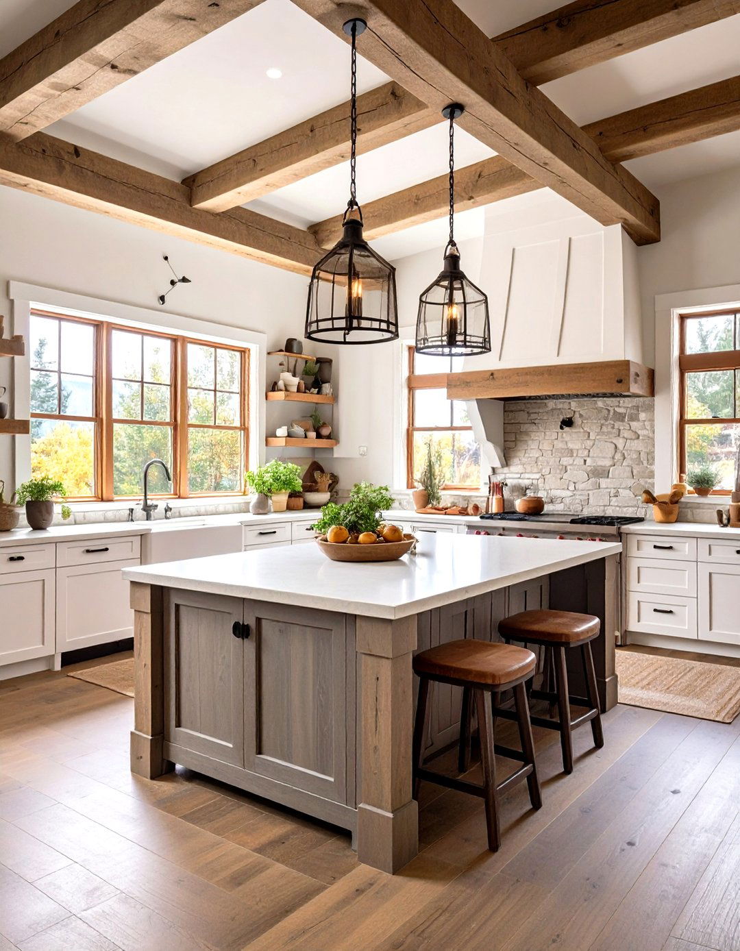 Rustic Lodge White Cabinets With Barnwood Grey Island - 24 White Kitchen Cabinets With Grey Island Ideas