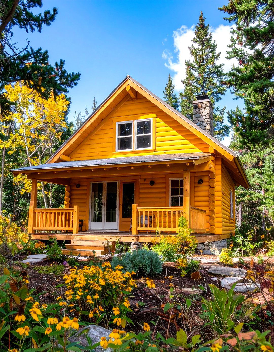 Rustic Lodge Yellow Cabin Retreat - 24 Yellow Exterior Home Ideas