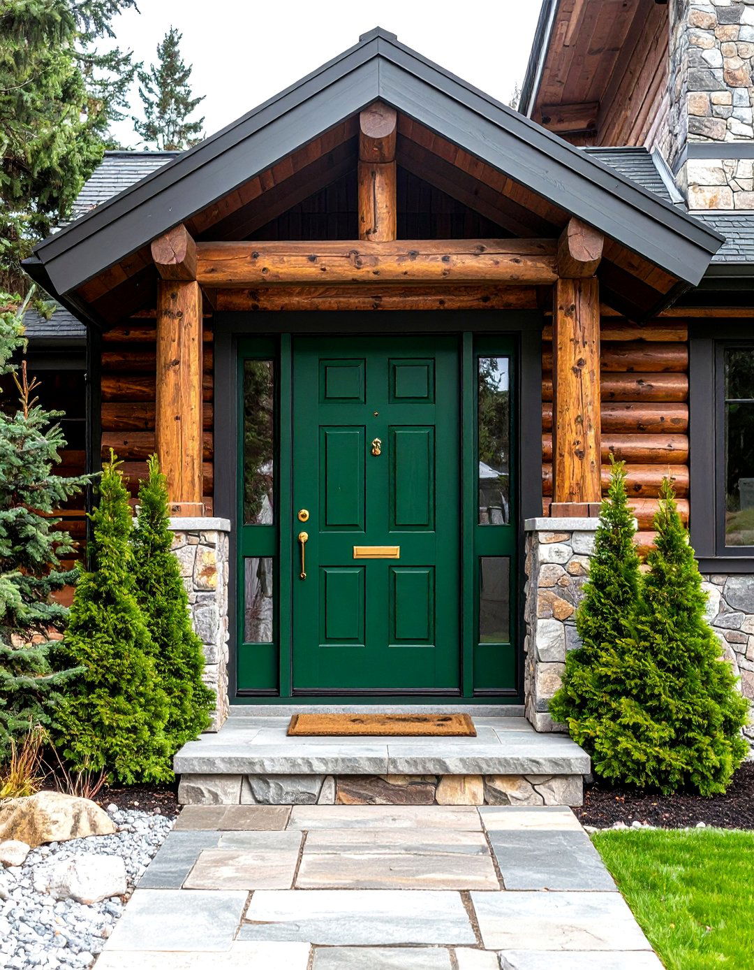 Rustic Lodge with Natural Stone - 24 Emerald Green Front Door Ideas