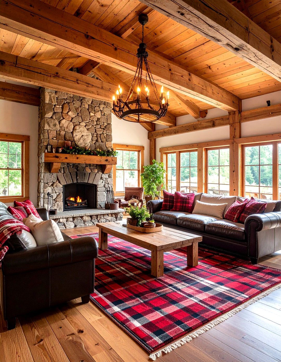 Rustic Lodge with Red Plaid Elements - 24 Black and Red Living Room Ideas