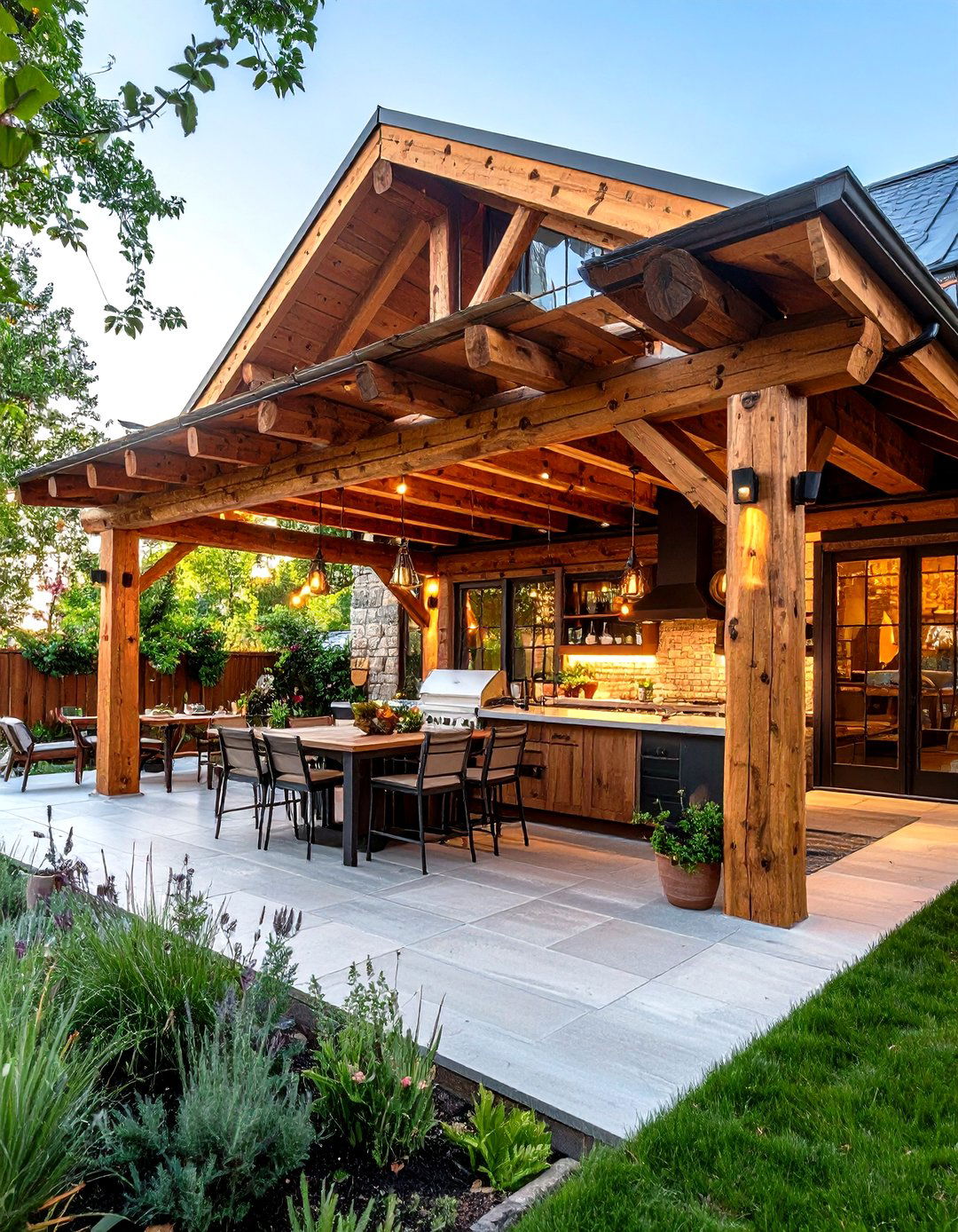 Rustic Log Beam Structure - 24 Outdoor Kitchen Roof Ideas