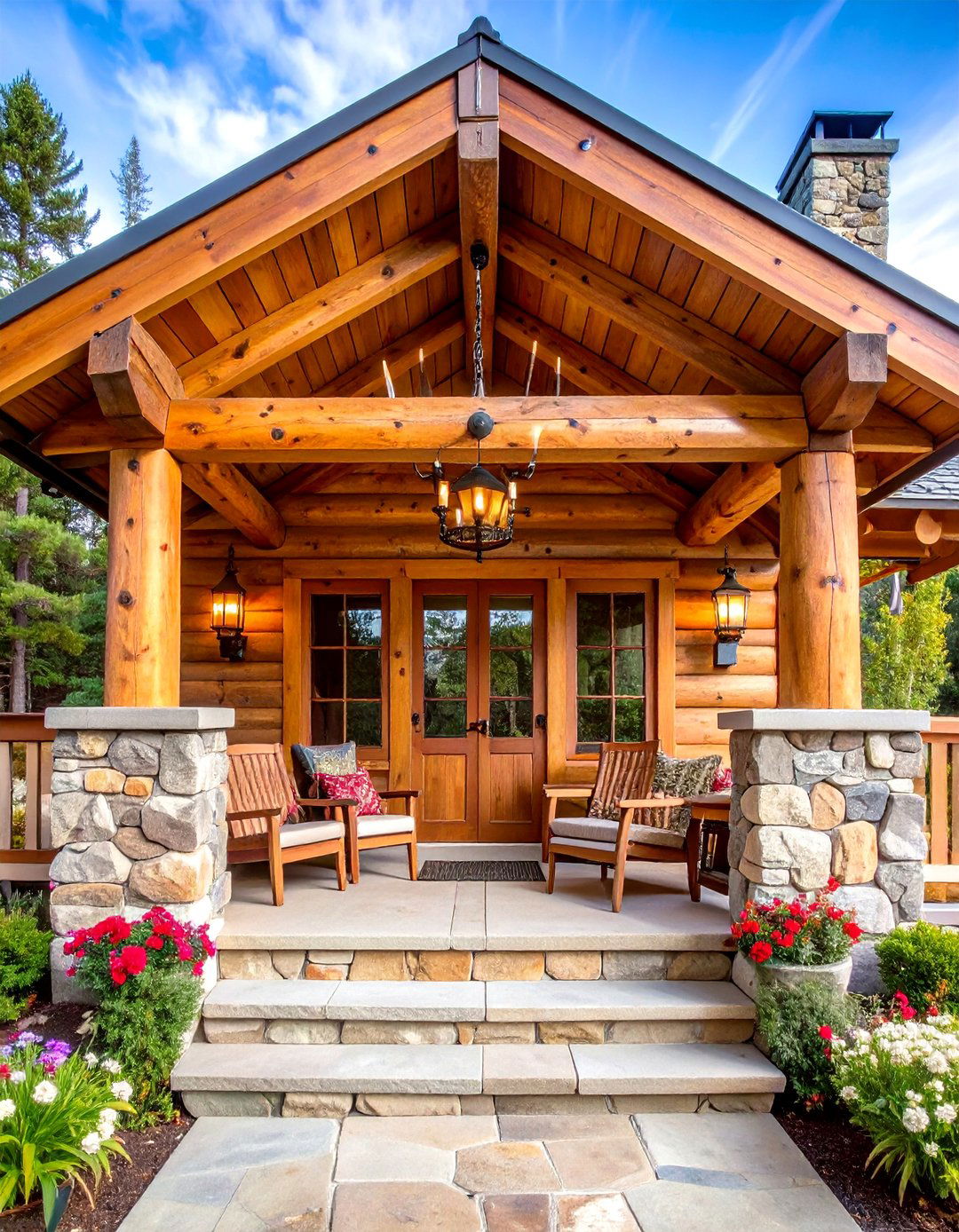 Rustic Log Cabin Covered Porch with Natural Elements - 24 Covered Porch Ideas