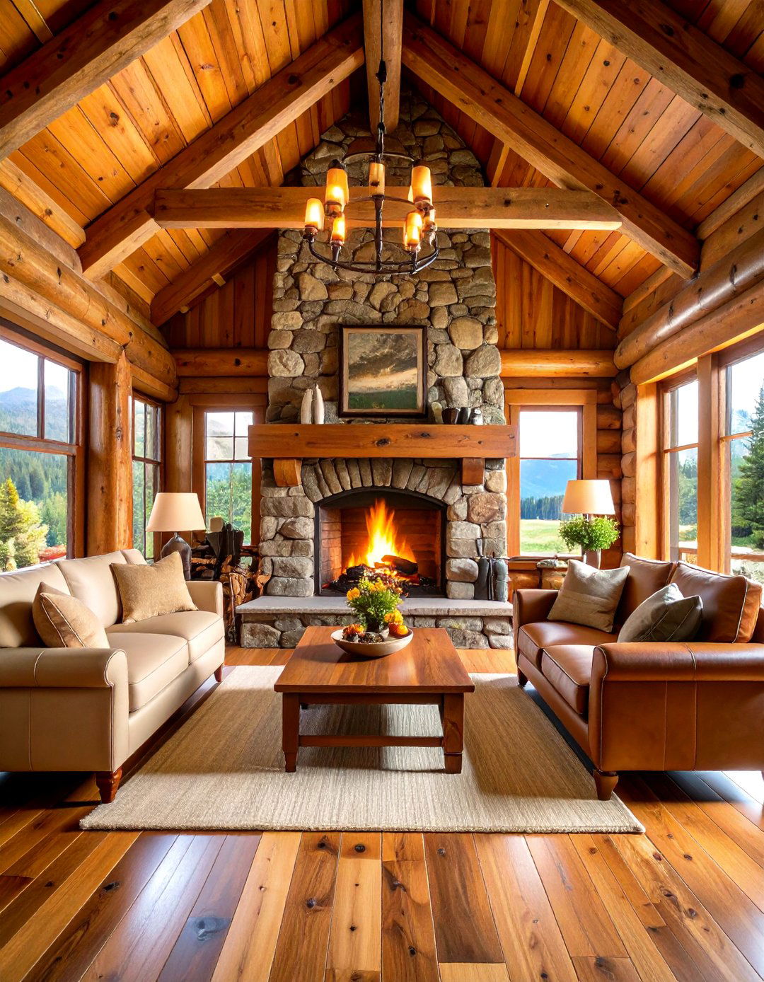 Rustic Log Cabin Fireplace With Timber Frame Ceiling - 24 Rooms With Fireplaces With Vaulted Ceilings Features