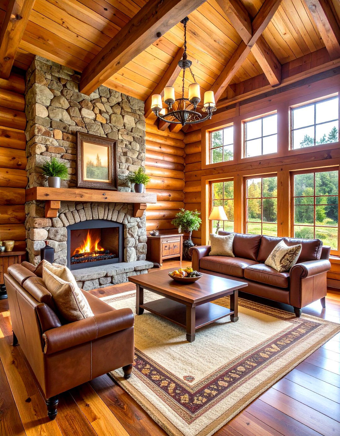 Rustic Log Wall Design with Stone Fireplace - 24 One Room Cabin Interior Design Ideas